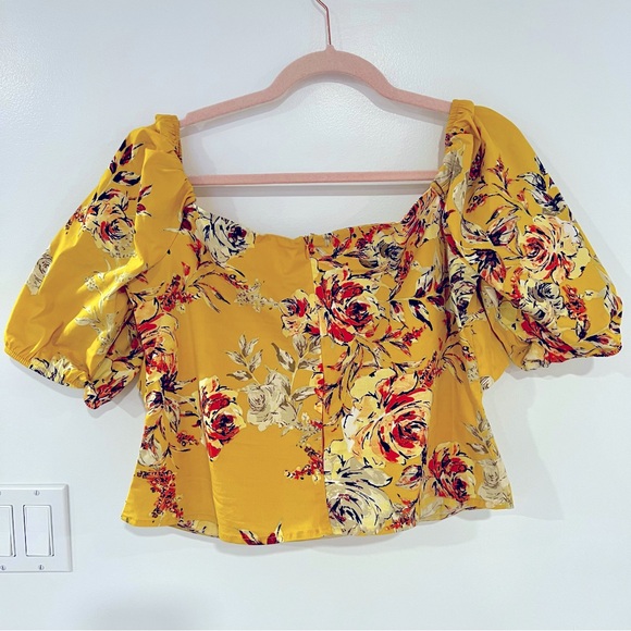 Soho New York & Co Women’s Sz L Yellow Floral Puff Sleeve Off the Shoulder Top - Picture 2 of 9